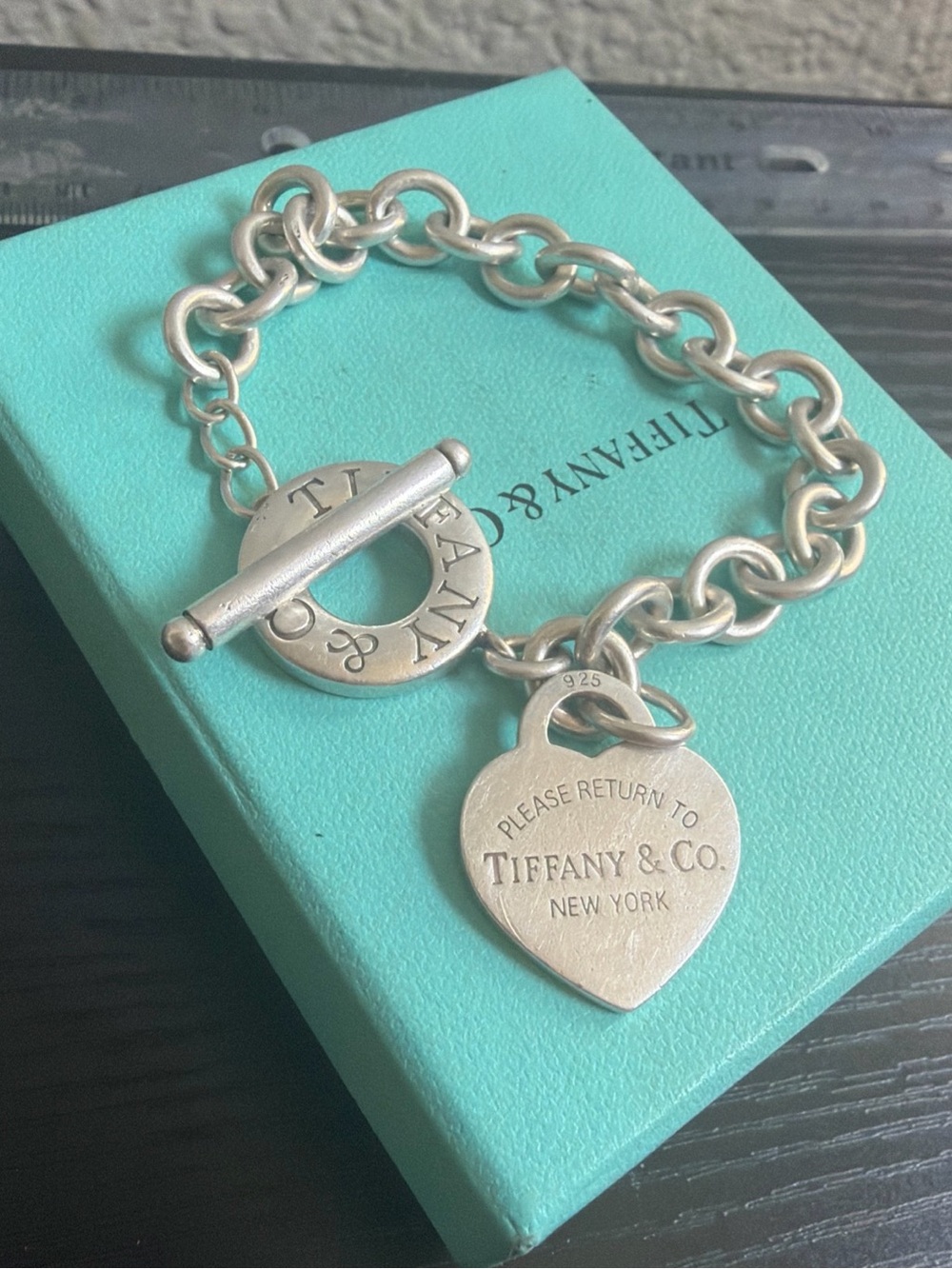 Tiffany & Co. Sterling Silver Heart Tag Toggle Bracelet - Silver & Blue Box